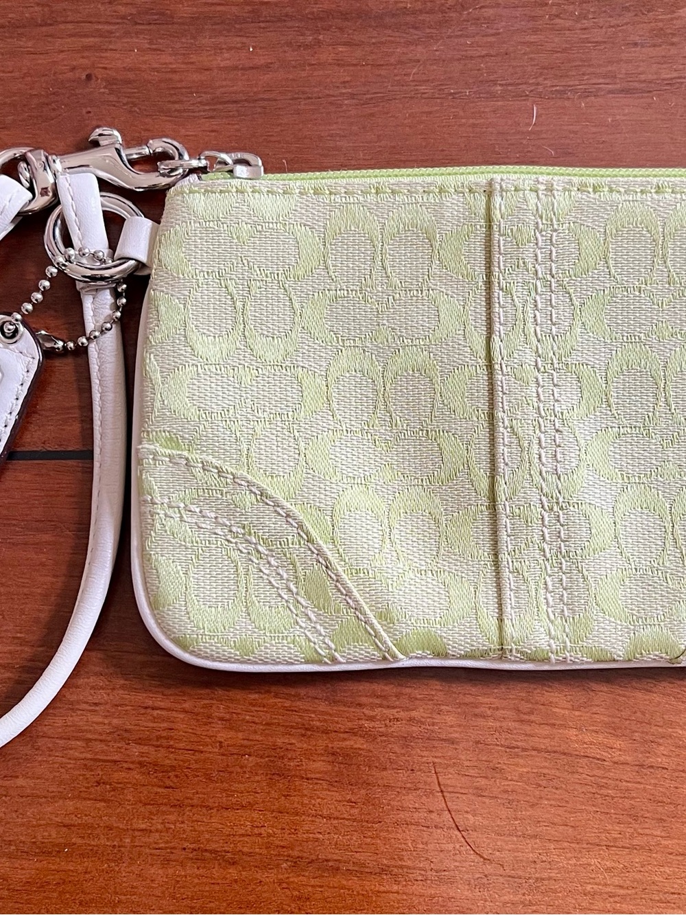 Coach Pale Green Signature Jacquard Wristlet with White Trim